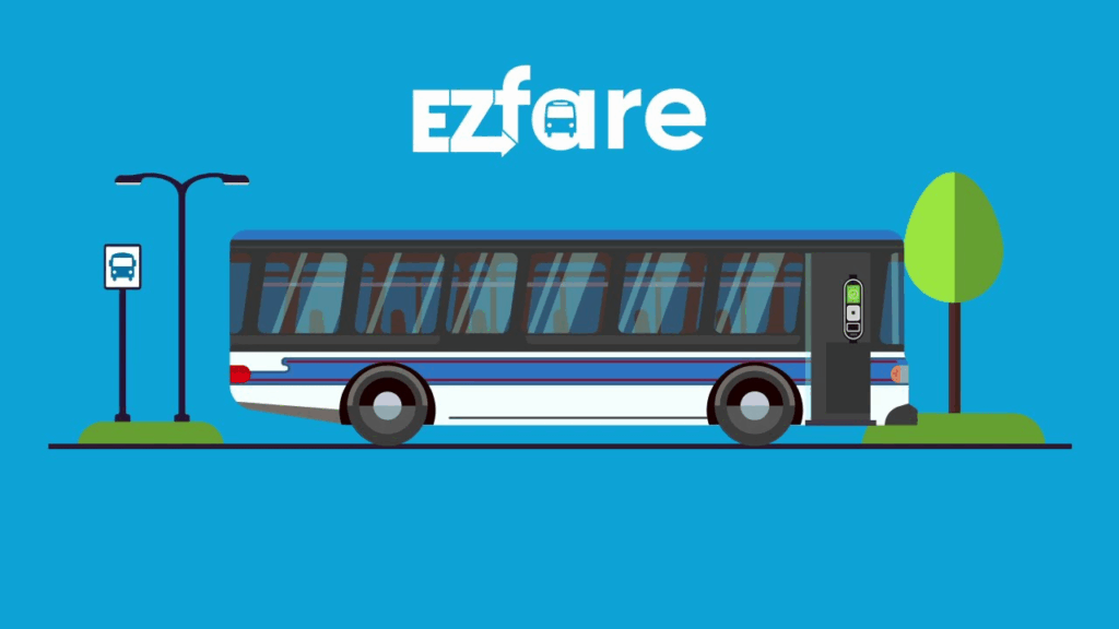 cartoon image of a blue, black, and white bus in front of a solid blue background. the word EZfare is written in white letters above the bus