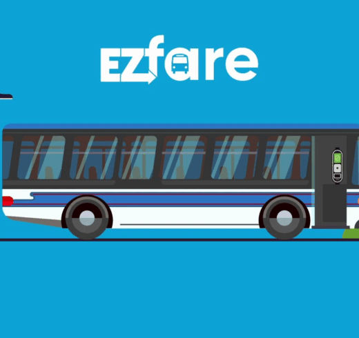 cartoon image of a blue, black, and white bus in front of a solid blue background. the word EZfare is written in white letters above the bus
