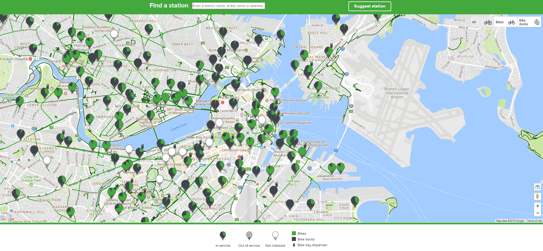 Map of the Hubway locations in Boston