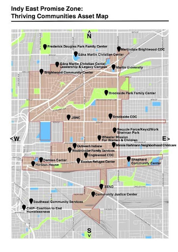 Map of Indianapolis with various community locations marked with black indicators
