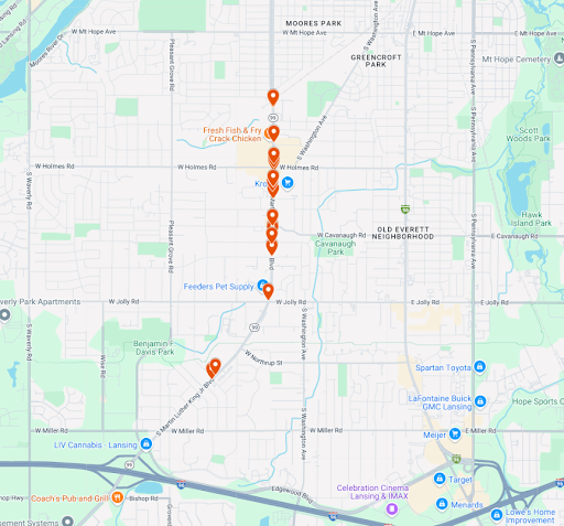 A map of Lansing with several indicators along S MLK Jr. Blvd.