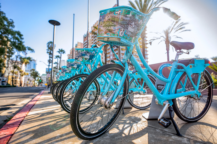 Several blue bikeshare bikes at docking stations