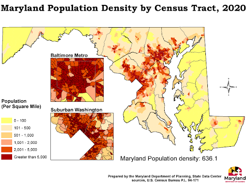 Map of Maryland population density. The total population density per square mile is 636.1
