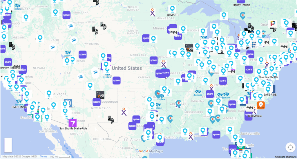 A map of the continental United States that shows the cities where microtransit or on-demand services operate, with vendor logos used to portray the location. Vendors include Spare, Via, Modaxo, RideCo, Ecolane, Freebee, The Routing Company, Downtowner, Circuit, Liftango, TripShot, Blaise, Transloc, DemandTrans, Pantonium, moovit, RideCell. The services operate in nearly every medium or large city in the country.