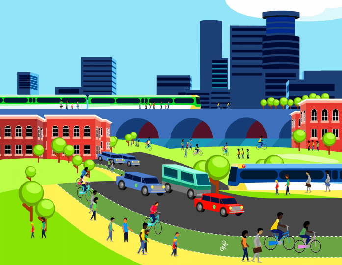 Color rendering of Minneapolis skyline with multi-modal transportation in the foreground