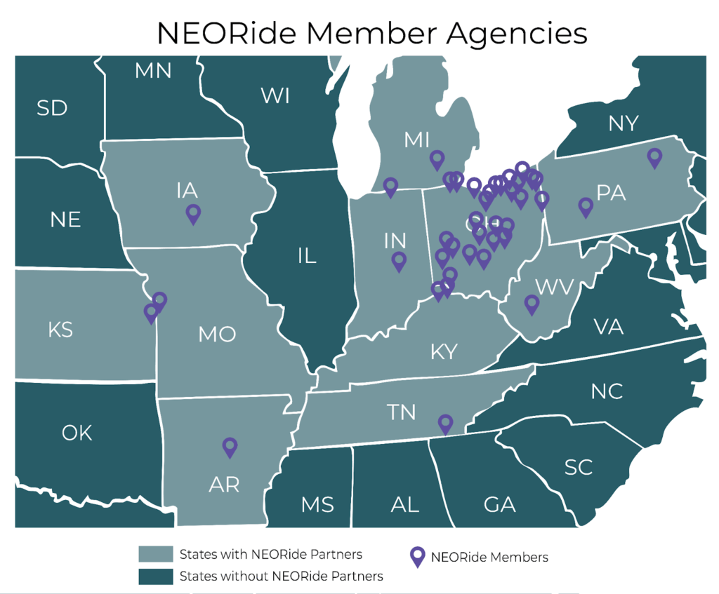 map of the american midwest with iowa, kansas, missouri, arkansas, tennessee, kentucky, west virginia, ohio, indiana, michigan, and pennsylvania highlighted in light green. various purple markers are all over the map. the legend indicates light green is states with neoride partners, and purple icons are neoride members.