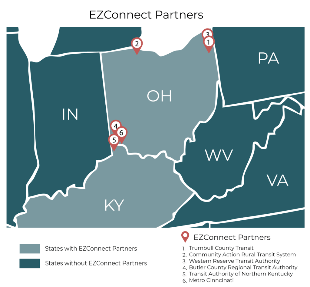 map of ohio and kentucky with red icons marking EZConnect partners. the partners are listed in the paragraph above
