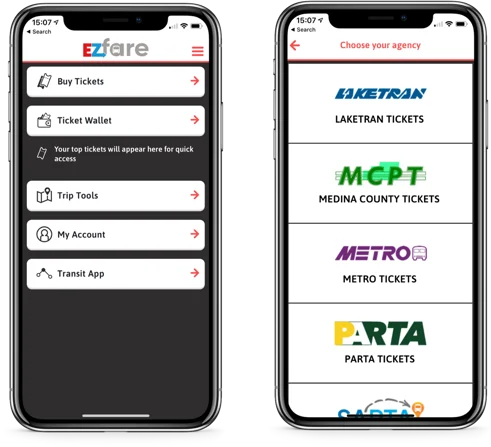 two phone screens. the screen on the left shows EZfare options: buy tickets, ticket wallet, trip tools, my account, and transit app. The screen on the left shows agency logos: Laketran, Medina County, Metro, PARTA