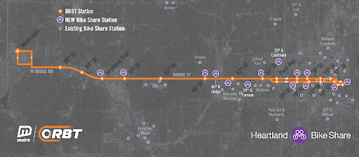 Map of the ORBT Route in Omaha with purple indicators of bikeshare stations nearby