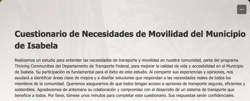 black text on a white page reading "Cuestionario de necesidades de movilidad del municipio de isabela"