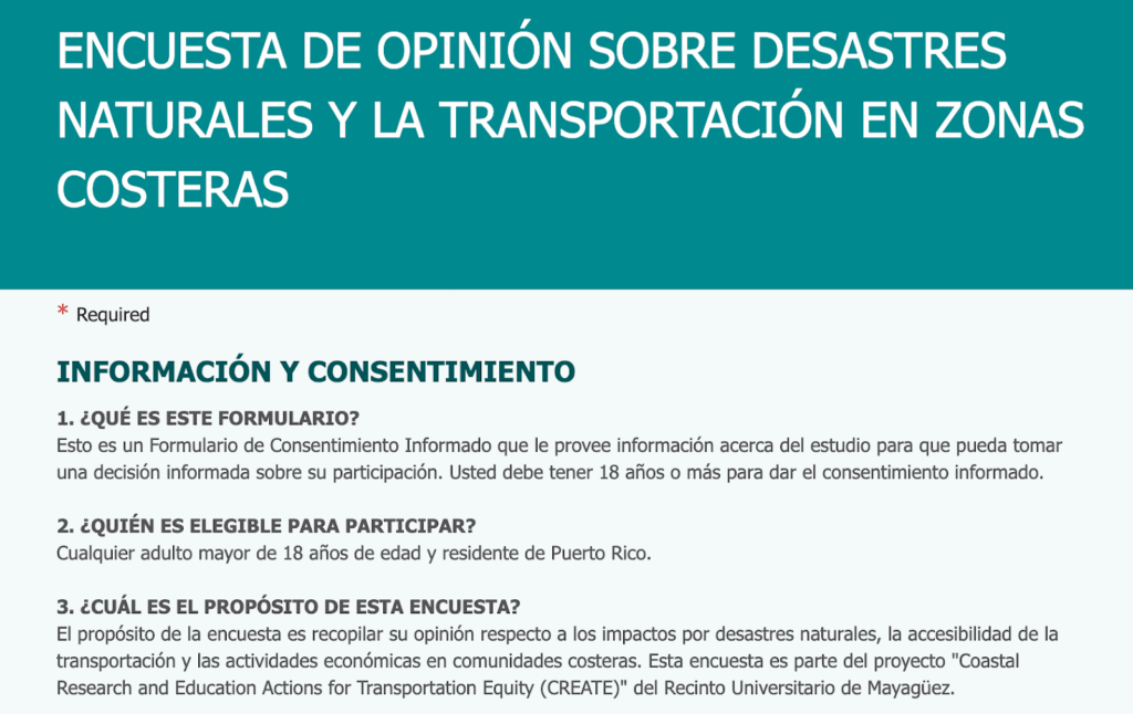 The beginning of a survey with the title "Encuesta de opinion sobre desastres naturales y la transportacion en zonas costeras"