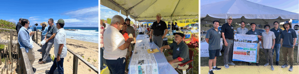 Three images. The first image is several people talking on a path near a beach. the second image is someone sitting at a table with a poster and showing it to someone standing nearby. the third image is several people posing with a poster