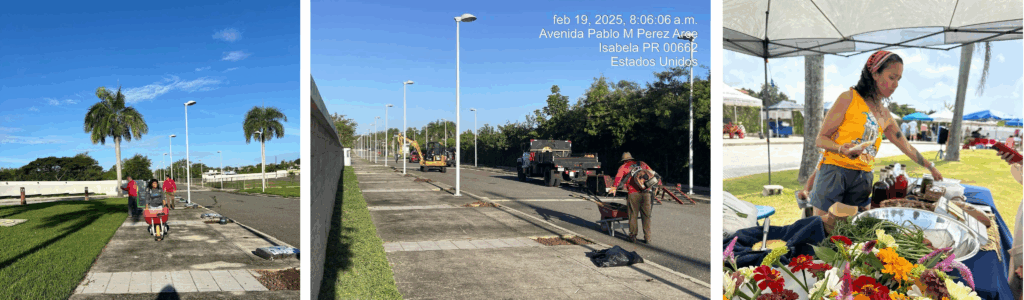three images. The first image is a woman with a wheelbarrow on the sidewalk. The second image is a man on the same sidewalk with construction equipment in the background. The third image is a woman at a table with many different flowers