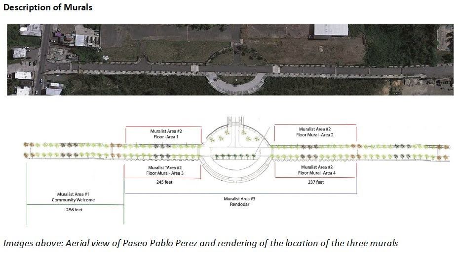 aerial image of a road with a simplified drawing below it marking areas where murals will go
