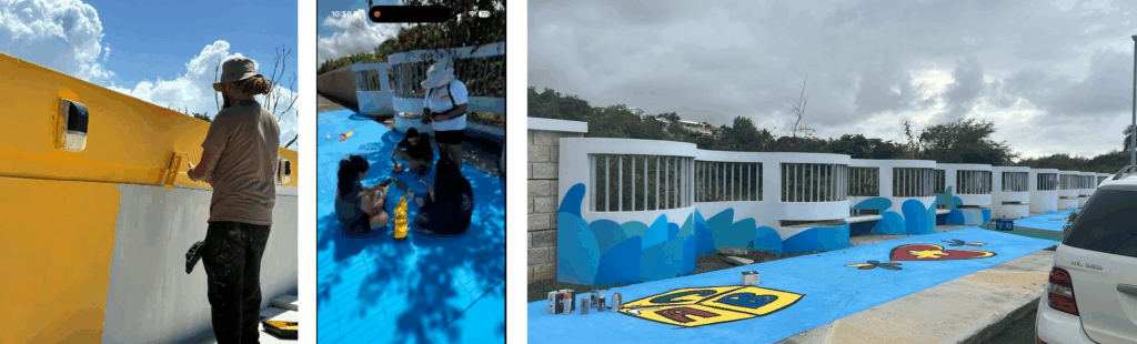 Three images. the first image is a man painting a wall yellow. The second image is a phone screenshot of people sitting on a blue ground. the third image is the completed mural - blue base with yellow and red designs