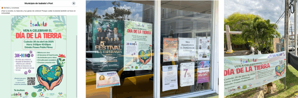 Three images. The first is a flyer with the words Dia de la Tierra. The second is a glass storefront window with several flyers and the third is a large banner with the same image as the first flyer