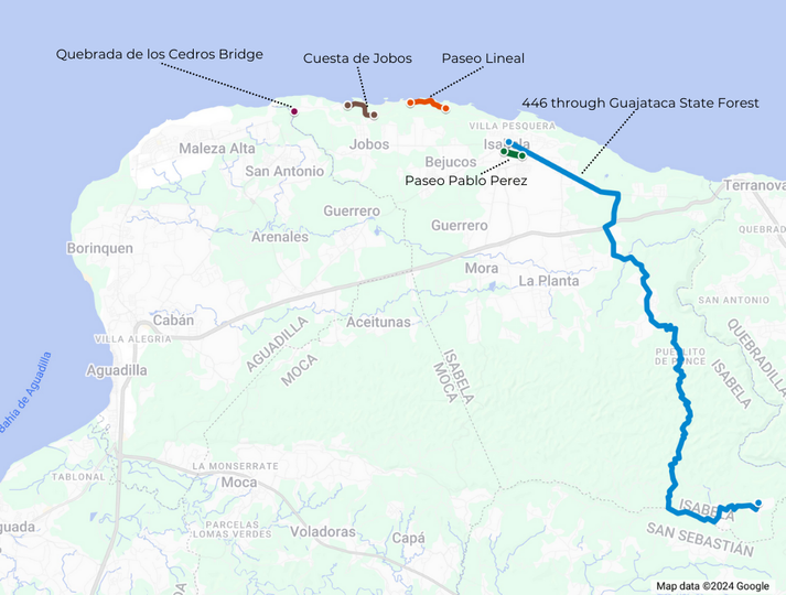 Map of Isabela with Quebrada de los Cedros bridge, Cuesta de Jobos, Paseo Lineal, Paseo Pablo Perez, and 446 through Guajataca State Forest marked in various colors