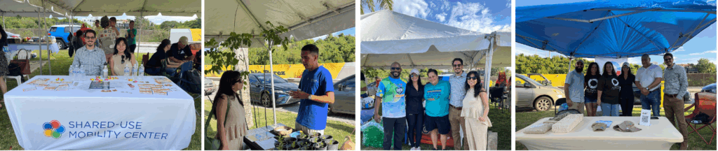 Four images of people gathering at a booth during an event. the booth has a tablecloth that reads Shared-Use Mobility Center