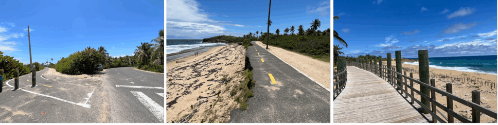 three images of paths along a beach