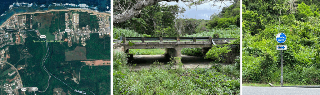 Three images. The first is an aerial view of the area with Quebrada de los cedros marked. the second image is a bridge, the third image is a blue sign with the words "Ruta de desalojo"