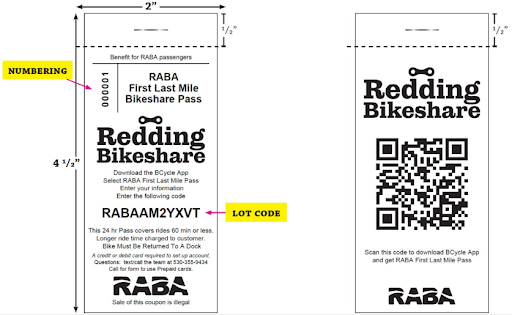 images of the front and back of a bikeshare pass. The front of the pass includes the words Redding Bikeshare, the RABA logo, and numbering, and the back of the pass includes a QR code