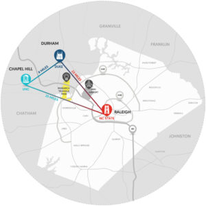 A map of the research triangle region in North Carolina. Durham is to the north, Chapel Hill to the southwest, and Raleigh to the southeast. 