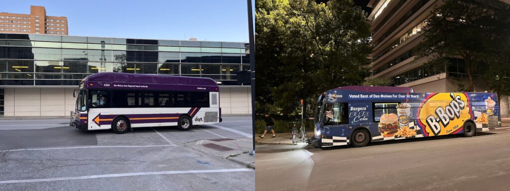 Two images of buses. The first image is a purple and white bus in the daytime, the second image is a blue bus in the night time