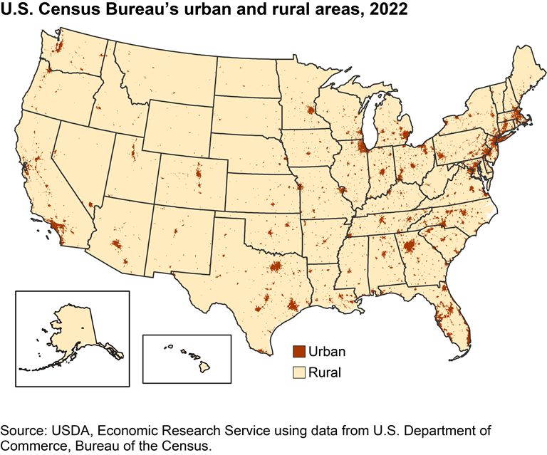 map of the united states with urban areas shown in red and rural areas in tan. the vast majority of the country is rural. The title reads "US Census Bureau's urban and rural areas, 2022"