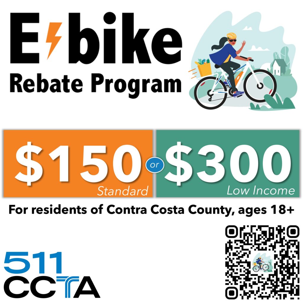 graphic with an image of a bicyclist and a QR code and the words "E bike Rebate Program $150 standard, $300 low income for residents of contra costa county, ages 18+"