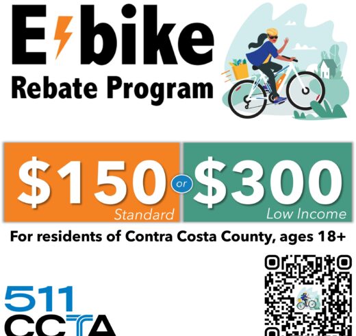 graphic with an image of a bicyclist and a QR code and the words "E bike Rebate Program $150 standard, $300 low income for residents of contra costa county, ages 18+"