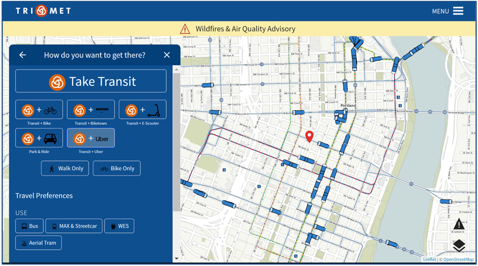 screenshot of the otp, with a map of portland with bus icons and a blue window asking "how do you want to get there" with multiple transit options