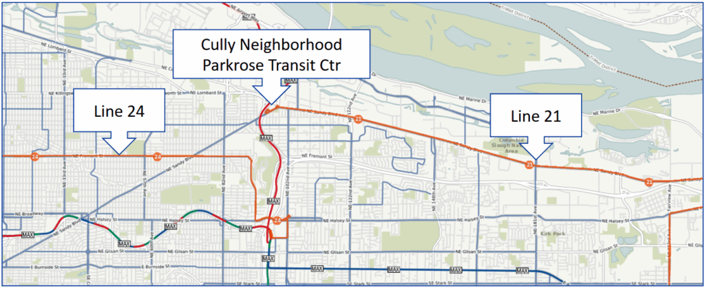 map of portland showing the cully neighborhood parkrose transit center, bus line 21, and bus line 24