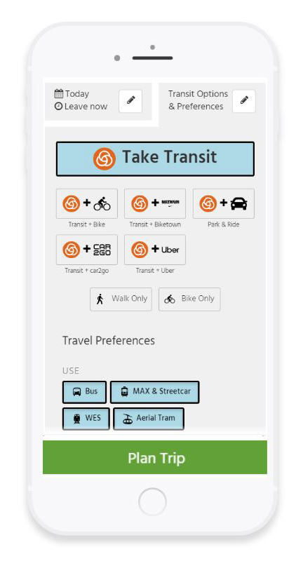 a cell phone background with the words "plan trip" and various buttons for mobility options