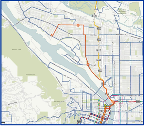 map of portland with several bus lines, including line 35, highlighted in different colors