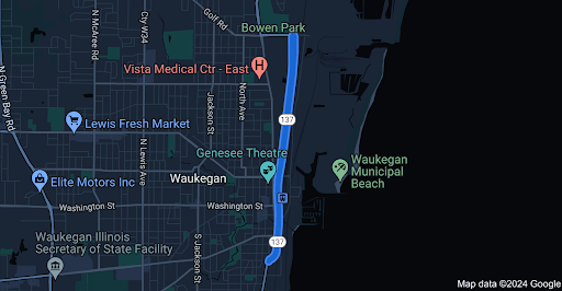 map of waukegan with the amstutz expressway highlighted in blue