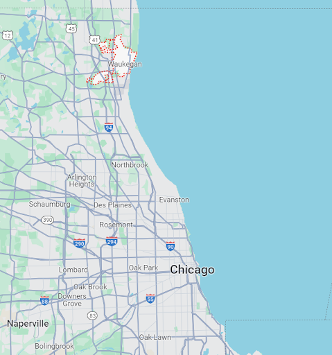 map of the chicagoland region, with Waukegan outlined in red